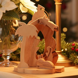 Olive wood nativity scene hand carved in Bethlehem, front view of the olive wood masterpiece