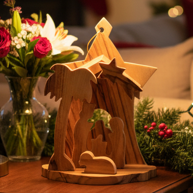 Olive wood nativity scene hand carved in Bethlehem, front view of the olive wood masterpiece