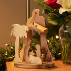 Olive wood nativity scene hand carved in Bethlehem, front view of the olive wood masterpiece
