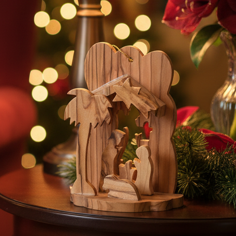 Nativity Scene Ornament (Angle Engraved Background) Olive Wood from Bethlehem