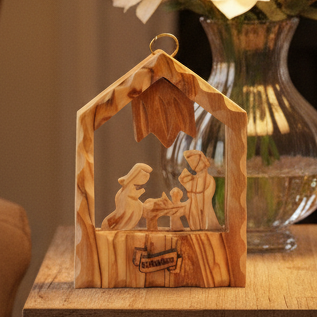 Olive wood nativity scene hand carved in Bethlehem, front view of the olive wood masterpiece