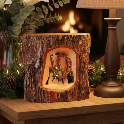 Wooden plaque with cut-out design of a horse and rider on a tree bark background