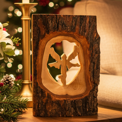 Wooden cutout of a butterfly with a natural wood background