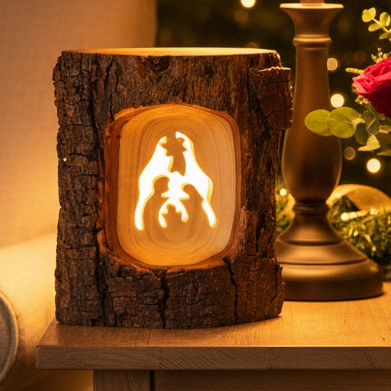 Olive wood Christmas ornament hand carved in Bethlehem, front view of the olive wood masterpiece