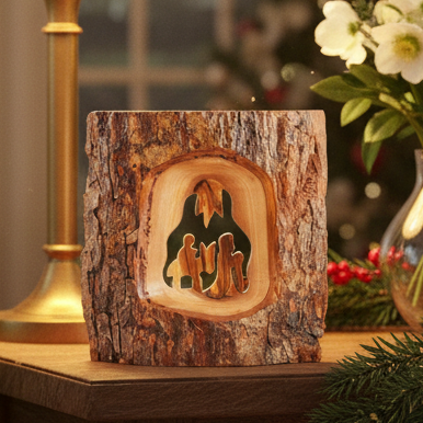 Olive wood Christmas ornament hand carved in Bethlehem, front view of the olive wood masterpiece