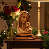 Virgin Mary with Baby Jesus Bust Statue, 7.5" Carving Olive Wood