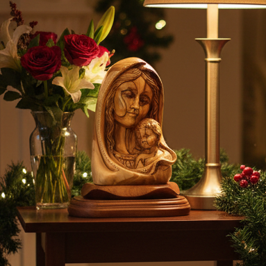 Virgin Mary with Baby Jesus Bust Statue, 7.5" Carving Olive Wood