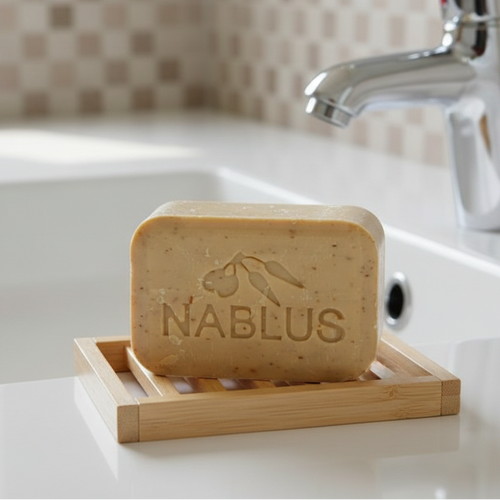 Pure olive oil soap from Nablus Holy Land, front view of the olive oil soap masterpiece