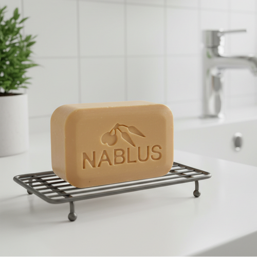 Pure olive oil soap from Nablus Holy Land, front view of the olive oil soap masterpiece