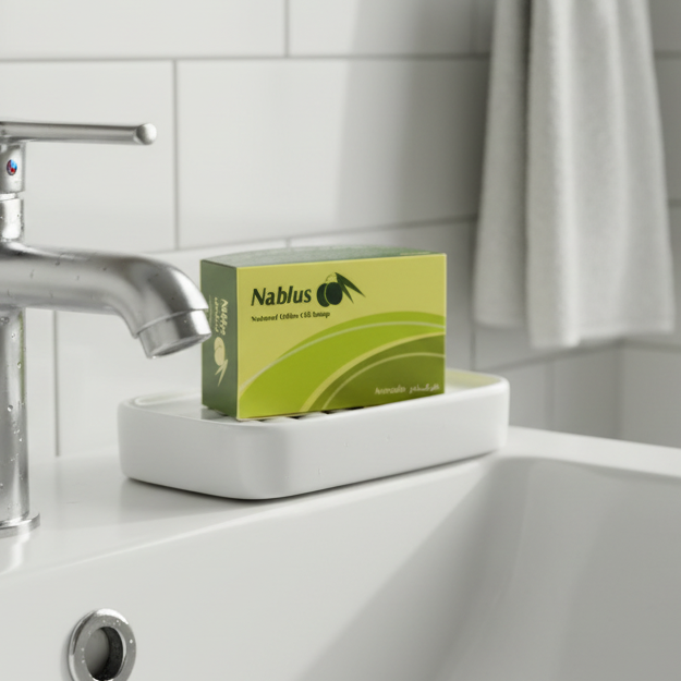 Nablus Natural Olive Oil Soap packaging with avocado theme on a white background