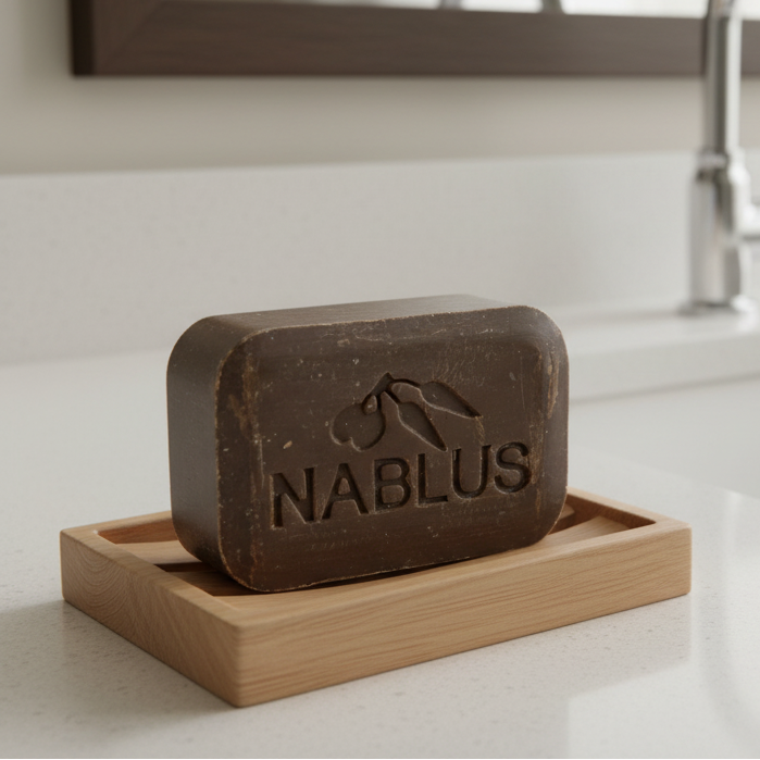 Bar of Nablus soap with branding on a white background