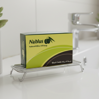 Nablus Natural Olive Oil Soap packaging with green and black design