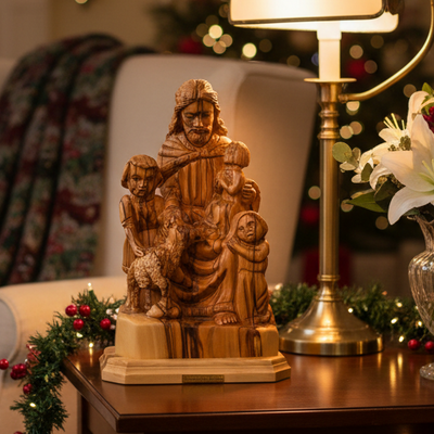 Jesus Christ "With The Children" Carving, 8.7" Olive Wood