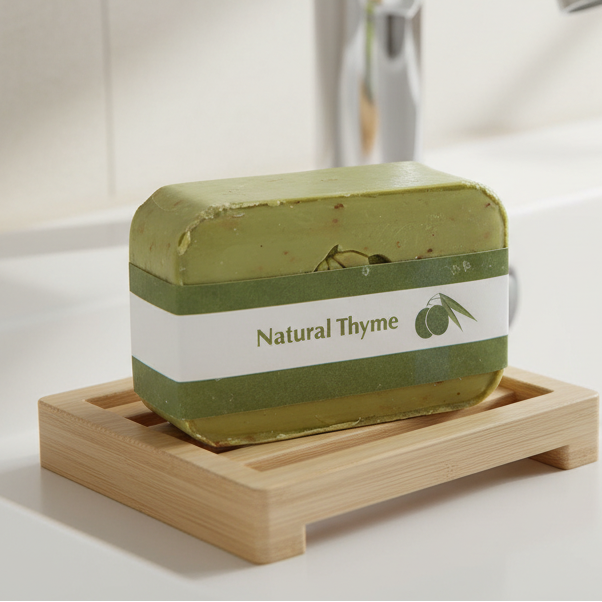 Bar of soap labeled 'Natural Thyme' with a green and white label.
