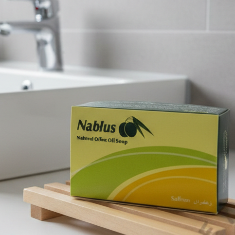 Nablus Natural Olive Oil Soap packaging with green and yellow design