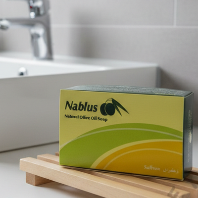 Nablus Natural Olive Oil Soap packaging with green and yellow design