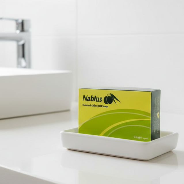 Nablus Natural Olive Oil Soap packaging with green and yellow design.