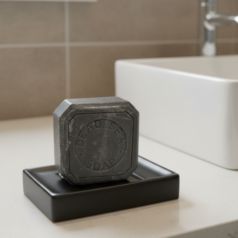Black bar of Dead Sea soap with 'Dead Sea Soap' branding on a white background