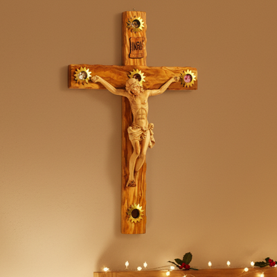 19" Crucifix and Corpus Hand Carved Olive Wood with 5 souvenirs from the Holy Land