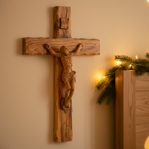 Olive wood crucifix hand carved in Bethlehem, 13.8 inch front view of the olive wood masterpiece