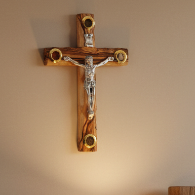 Olive wood crucifix hand carved in Bethlehem, 7.9 inch front view of the olive wood masterpiece