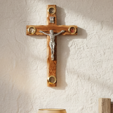 Olive wood crucifix hand carved in Bethlehem, 9.8 inch front view of the olive wood masterpiece