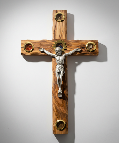 Olive wood crucifix hand carved in Bethlehem, 11.8 inch front view of the olive wood masterpiece