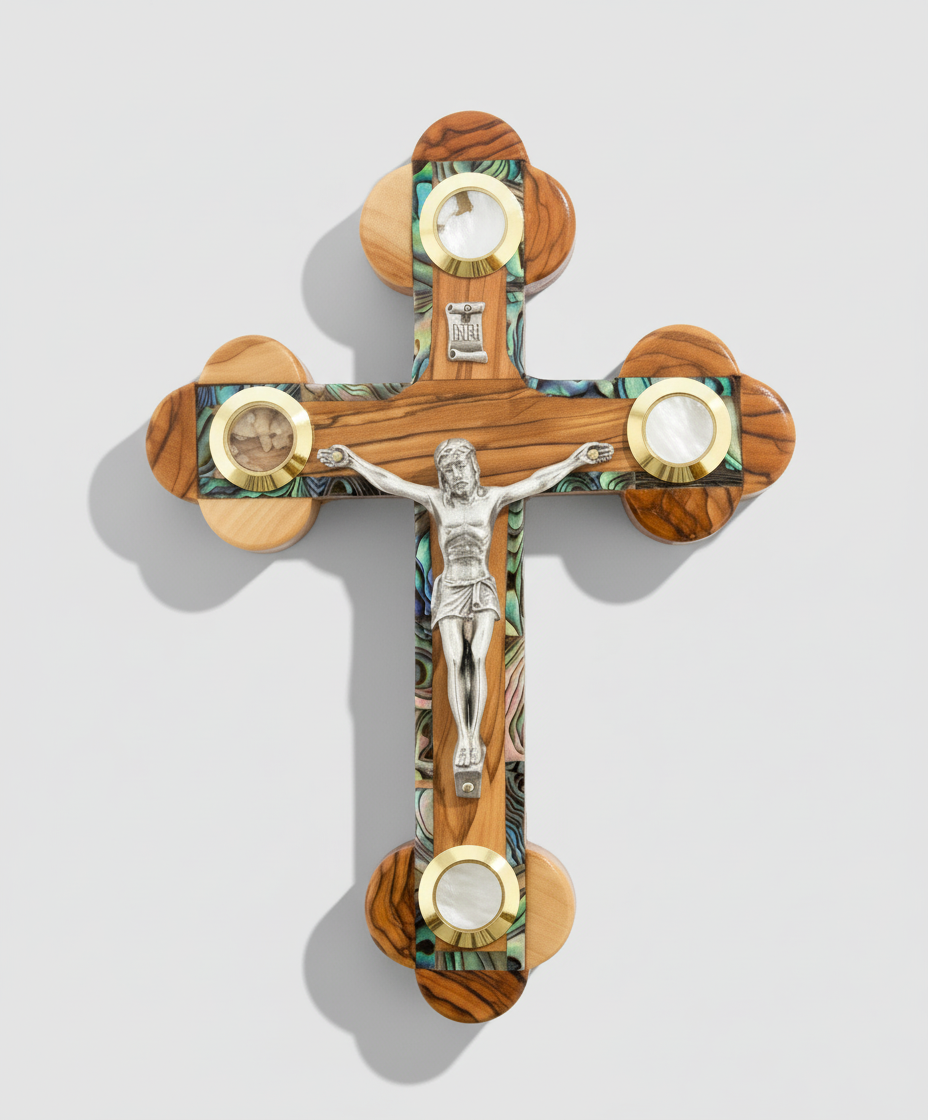 7" Wood Wall Crucifix with Mother of Pearl  4 Souvenirs and 14 Stations of Cross on Back