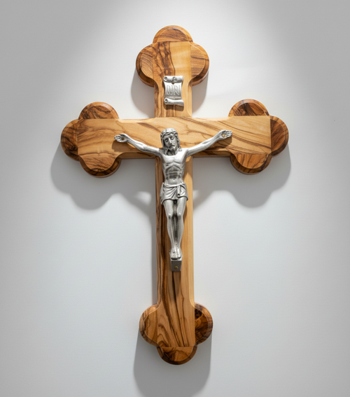Olive wood crucifix hand carved in Bethlehem, 7.1 inch front view of the olive wood masterpiece