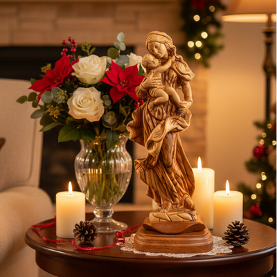 Virgin Mary Holding Baby Jesus, 11.4" Carved from the Holy Land Olive Wood