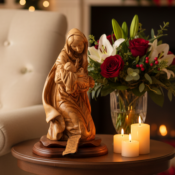 Virgin Mary Holding Holy Child, 13.4" Carved from the Holy Land Olive Wood