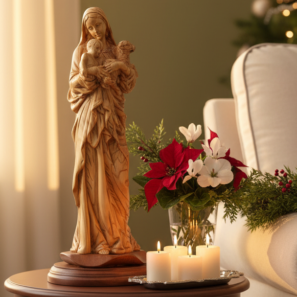 Virgin Mary With Child and Lamb, 13.4" Carved from the Holy Land Olive Wood