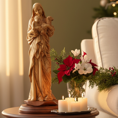 Virgin Mary With Child and Lamb, 13.4" Carved from the Holy Land Olive Wood
