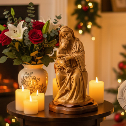 Virgin Mary Holding Sleeping Baby Jesus, 13.8" Wooden Masterpiece Carving