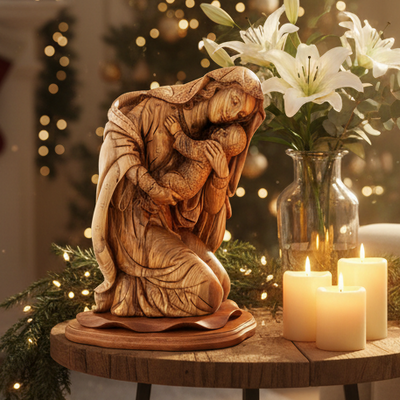 Virgin Mary with Baby Jesus Statue, 15" Olive Wood Carving Statue from Bethlehem