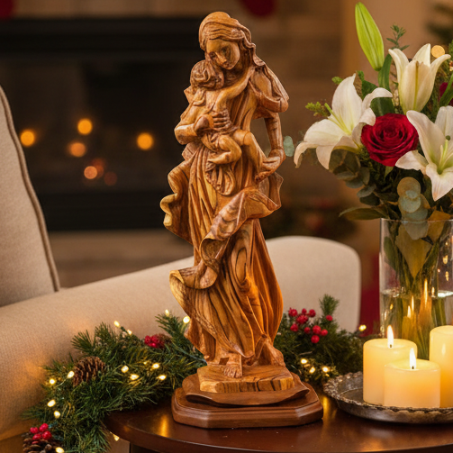Virgin Mary olive wood statue from Bethlehem hand carved, 20.5 inch front view of the olive wood masterpiece