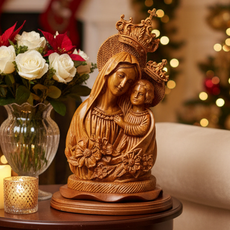 Virgin Mary w/ Baby Jesus Statue, 16.5" Olive Wood Carving Statue from Bethlehem