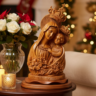 Virgin Mary w/ Baby Jesus Statue, 16.5" Olive Wood Carving Statue from Bethlehem
