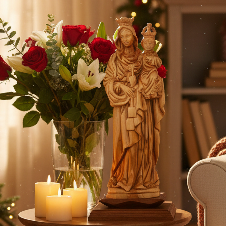 Our Lady of Mount Carmel, Virgin Mary  Statue, 12.2" Olive Wood Carving Statue from Bethlehem