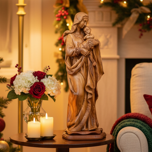 Our Blessed Mary with Child Jesus Christ, 24" Masterpiece Wooden Sculpture
