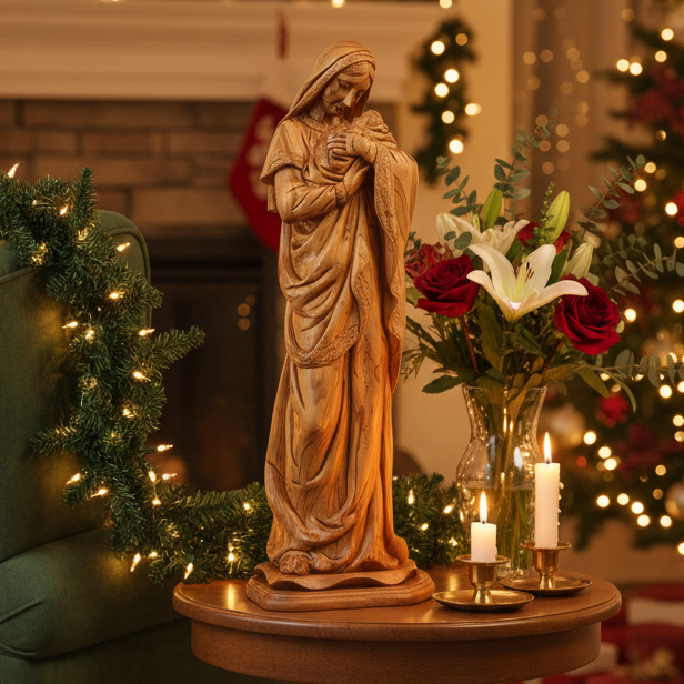 Virgin Mary olive wood statue from Bethlehem hand carved, 24.8 inch front view of the olive wood masterpiece