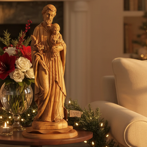 Jesus Christ statue hand carved from Bethlehem olive wood, 25.6 inch front view of the olive wood masterpiece