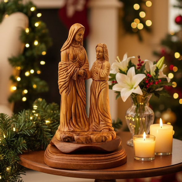Virgin Mary with Young Jesus Christ Statue, 9.8" Carved from the Holy Land Olive Wood