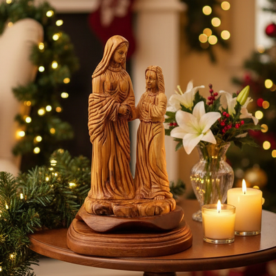 Virgin Mary with Young Jesus Christ Statue, 9.8" Carved from the Holy Land Olive Wood