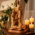 Holy Family olive wood statue hand carved in Bethlehem, 11.5 inch front view of the olive wood masterpiece