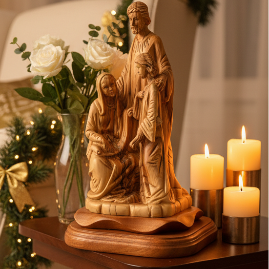 Holy Family olive wood statue hand carved in Bethlehem, 11.5 inch front view of the olive wood masterpiece