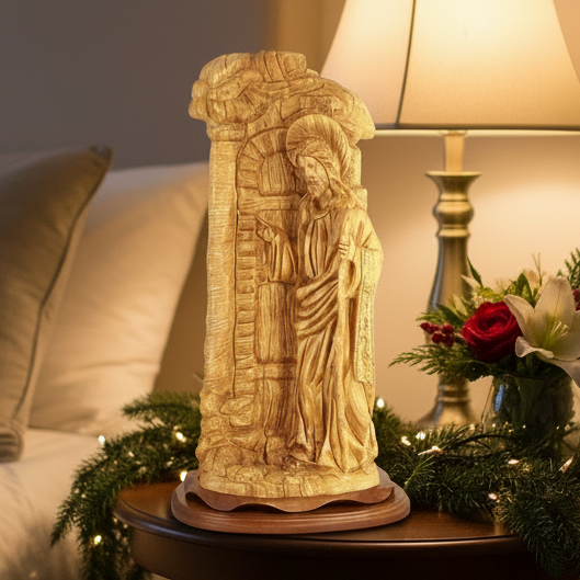 Jesus Christ "Knocking at the Door" Sculpture, 22.3" Olive Wood Carving from Holy Land