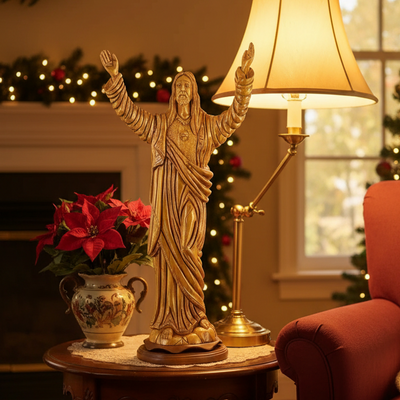 Jesus Christ "Sacred Heart" with Raised Arms Statue, 32.4" Olive Wood Carving from Holy Land