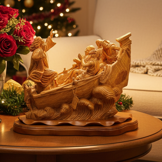 Jesus Christ "Calms The Storm" on Boat,  18.5" Tall, Very Large Masterpiece Wooden Carving