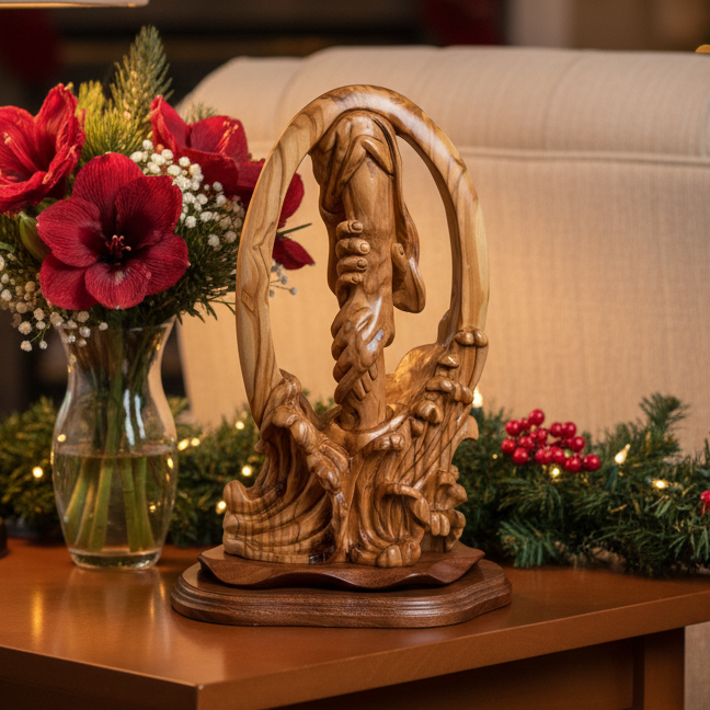 Carving of "Jesus Saving Us from Sea" ,  14" Sculpture from Holy Land Olive Wood